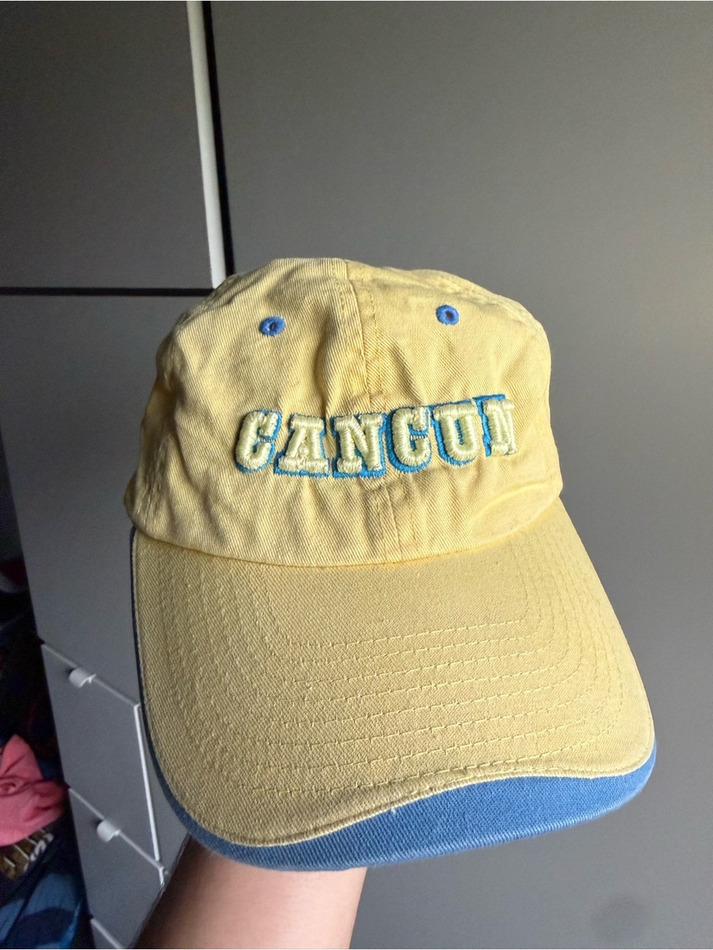 Yellow 'CANCUN' Embroidered Baseball Cap with Blue Accents